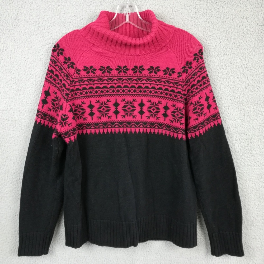 Studio Works Womens Sweater Turtleneck Fair Isle Red Black Pullover L